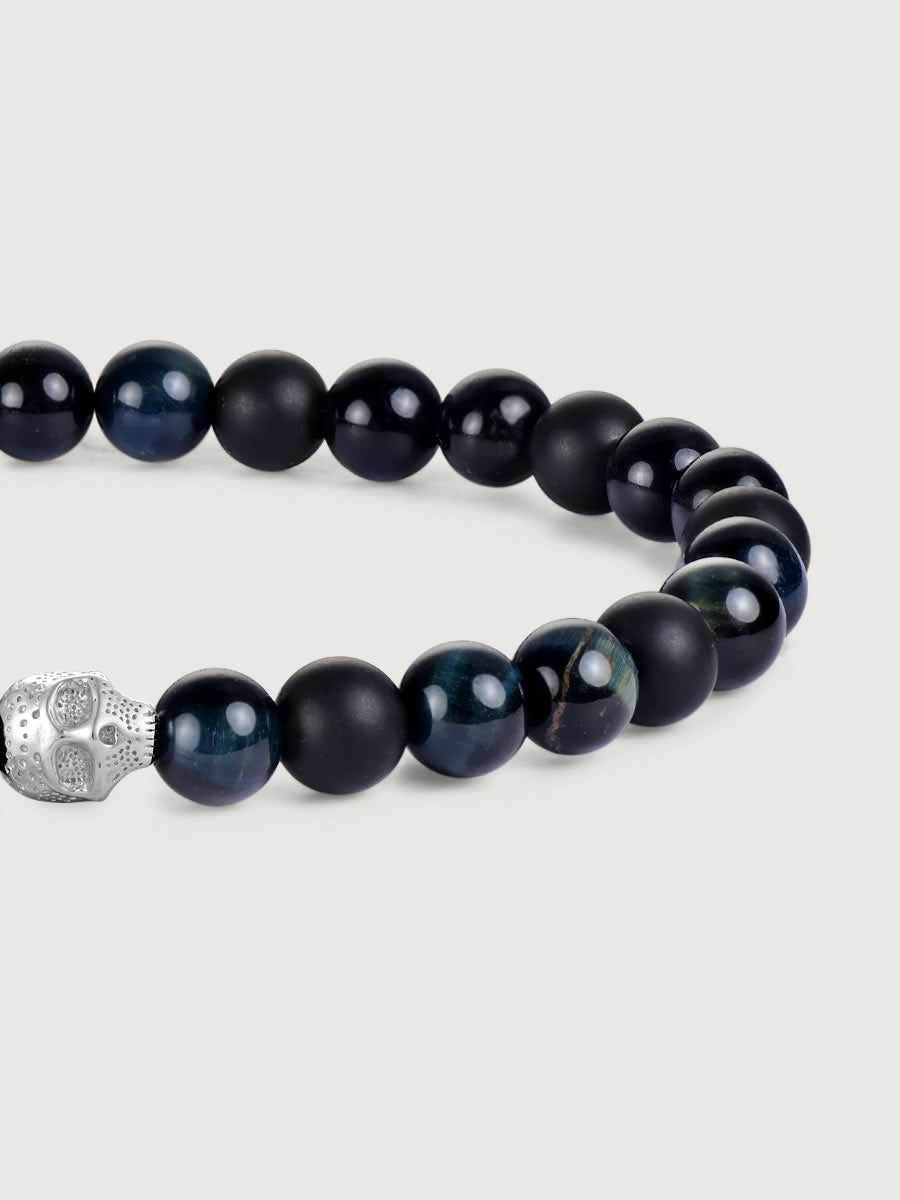 Element craniu din argint 925 pe bratara blue tiger eye si onix