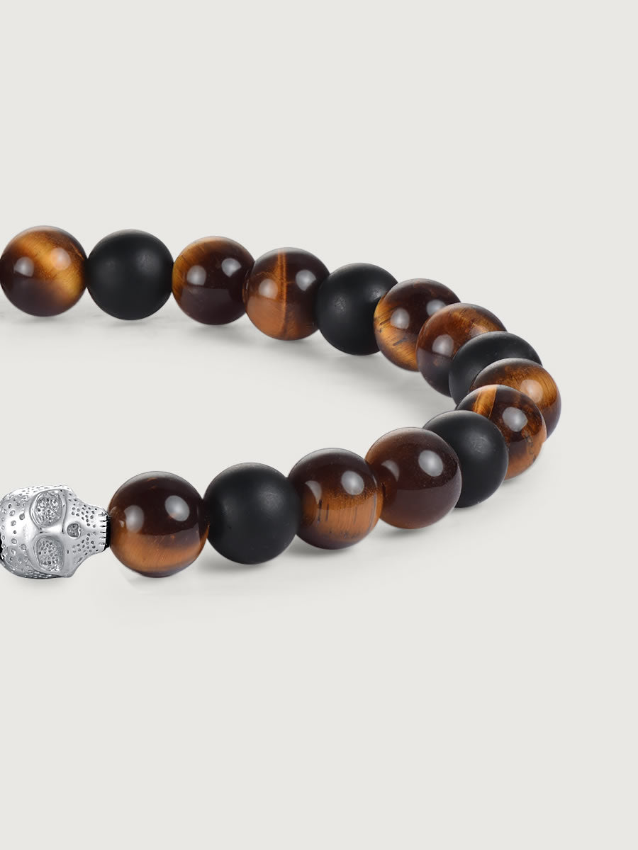 Element craniu din argint 925 pe bratara tiger eye si onix