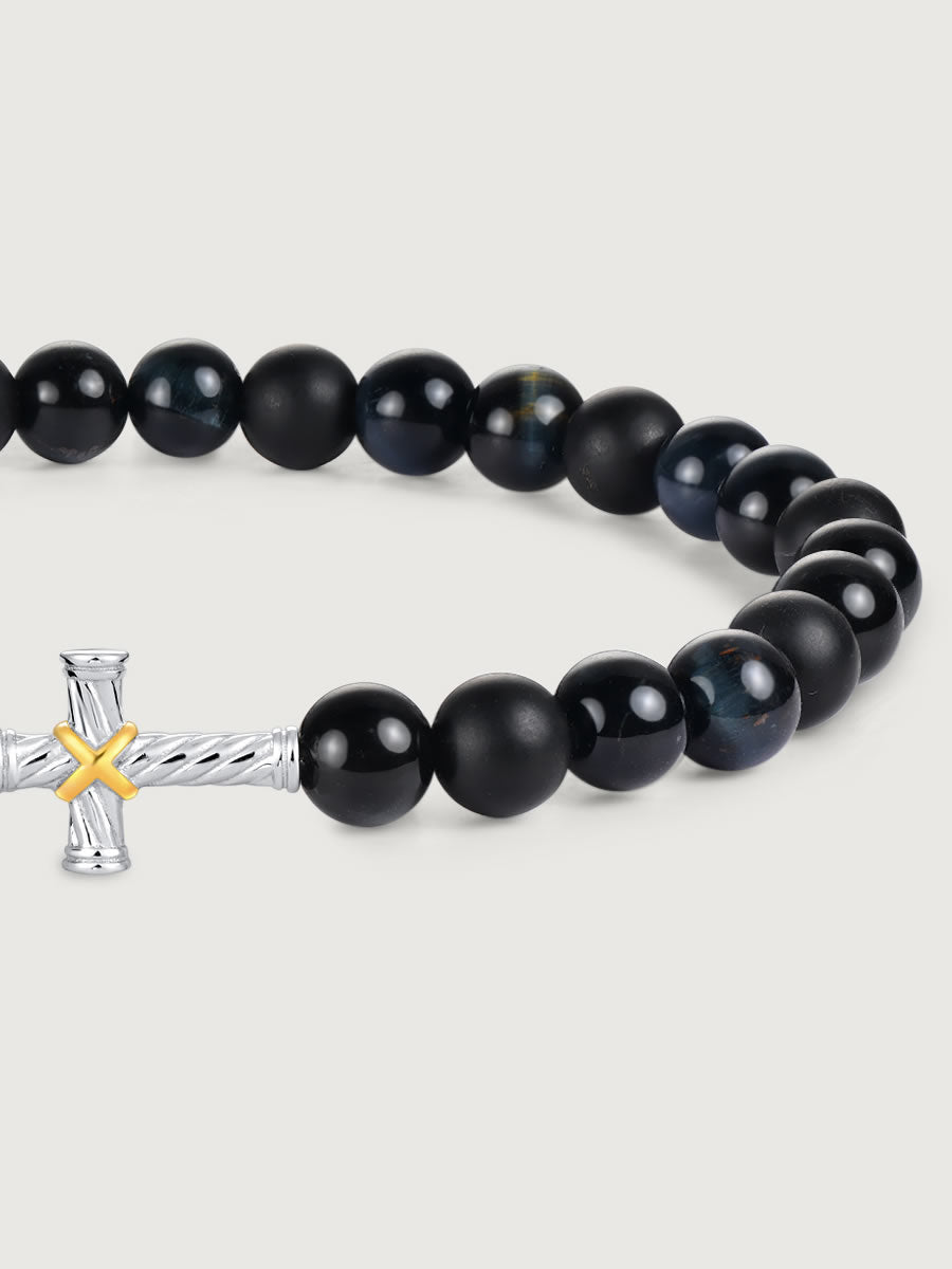Element cruce din argint 925 pe bratara blue tiger eye si onix