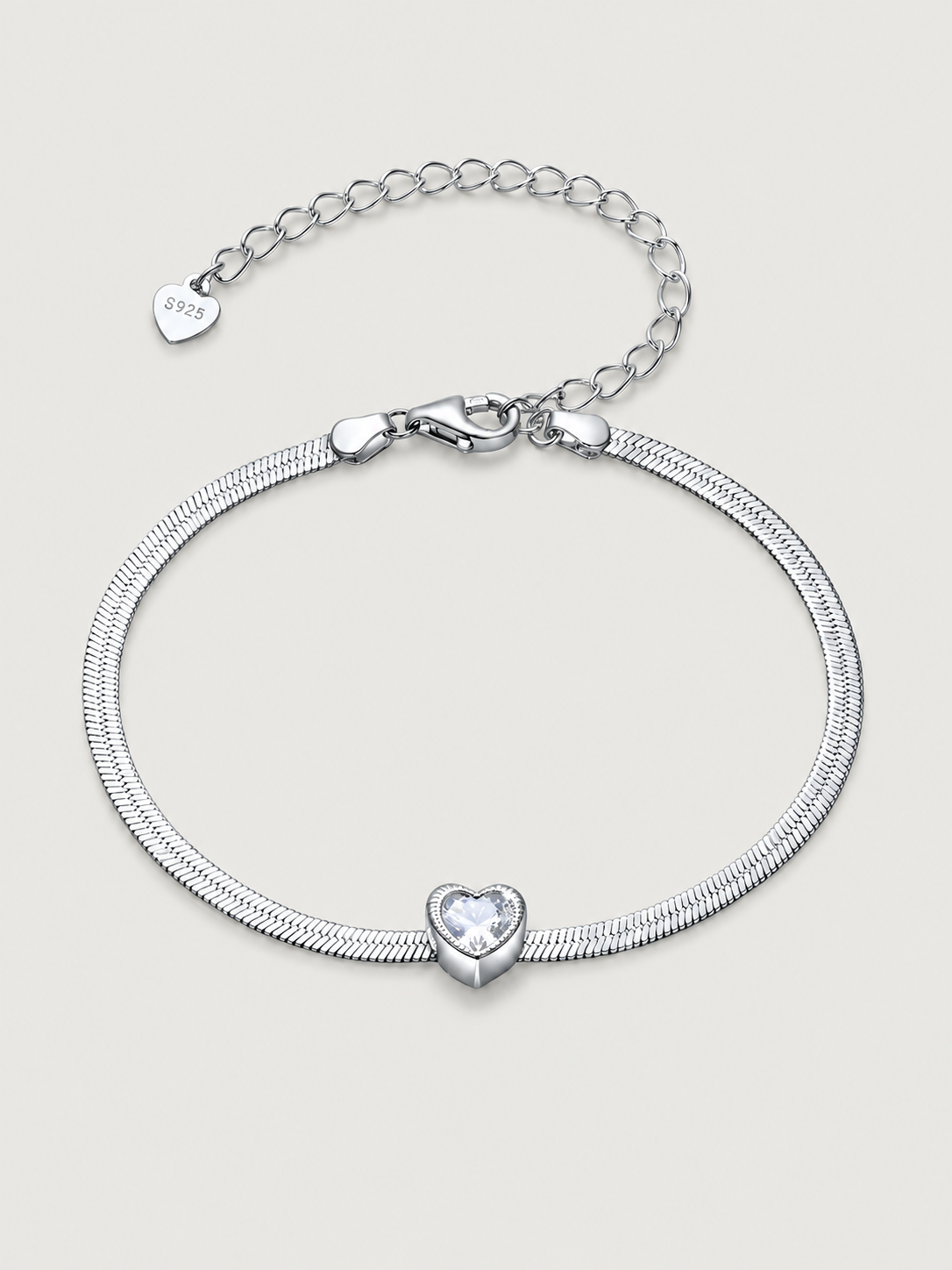Brățară din argint 925 tip snake chain cu inimă și zirconiu 5A