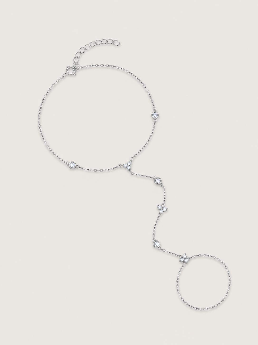 Brățară hand chain argintie cu flori și zirconii 5A