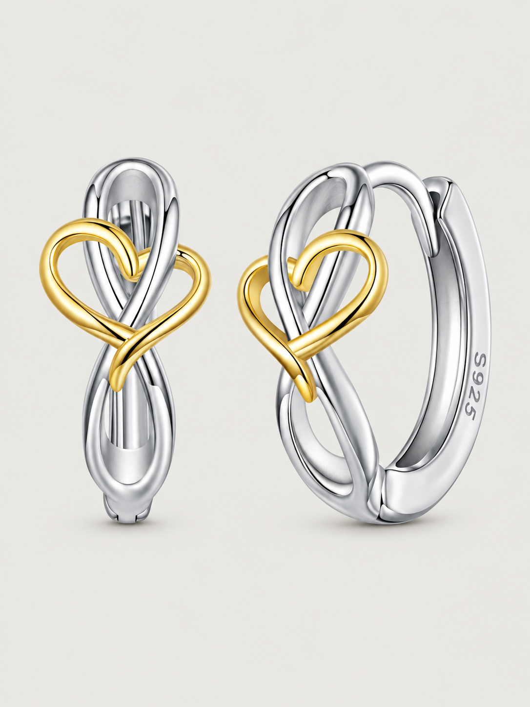 Cercei din argint 925 Infinite Love Hoop cu inimă aurie bicoloră