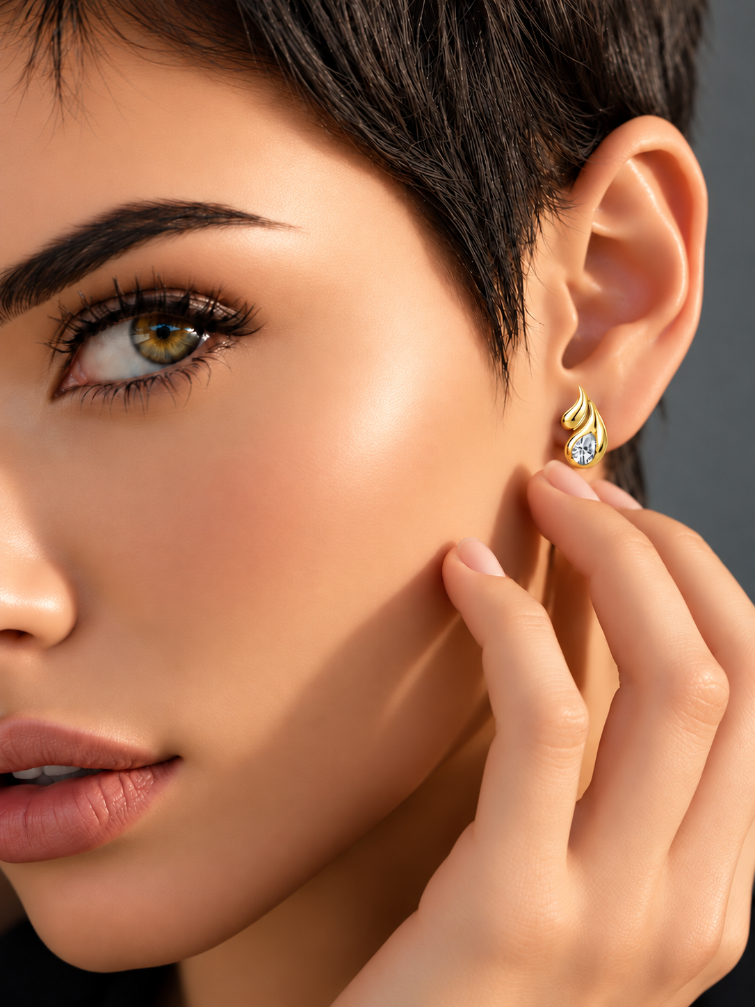 Cercei din Argint Moissanite Gold Flame Drop pe model de aproape
