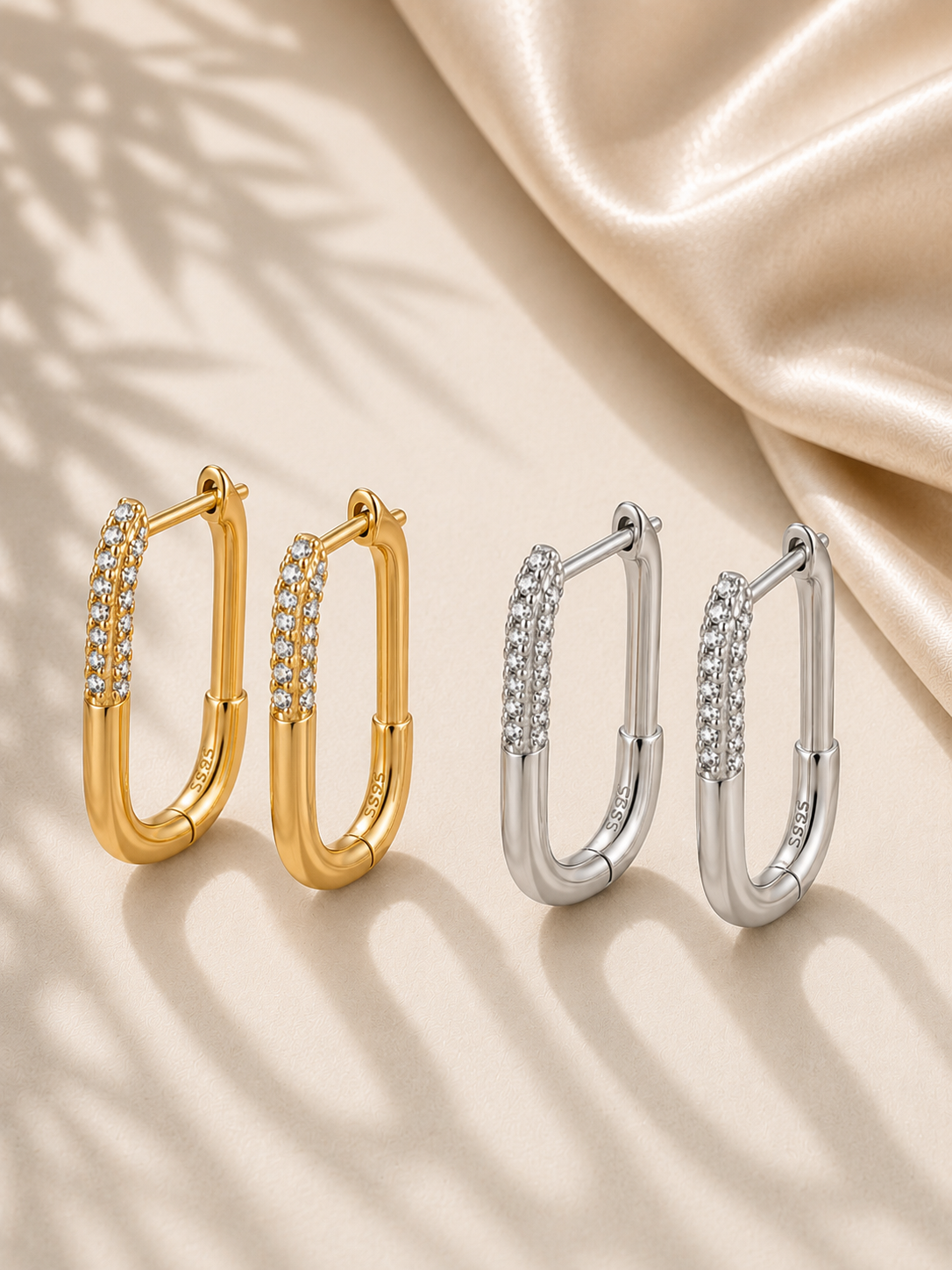 Cercei hoop aurii din argint 925 cu zirconii layering