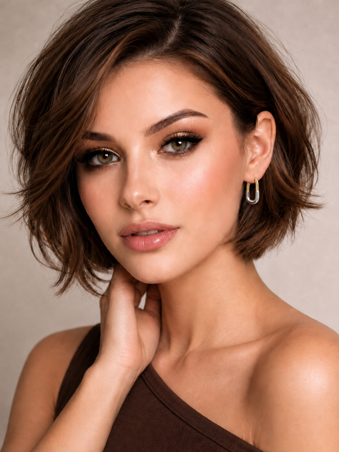 Cercei ovali bicolor moderni tip hoop pe model