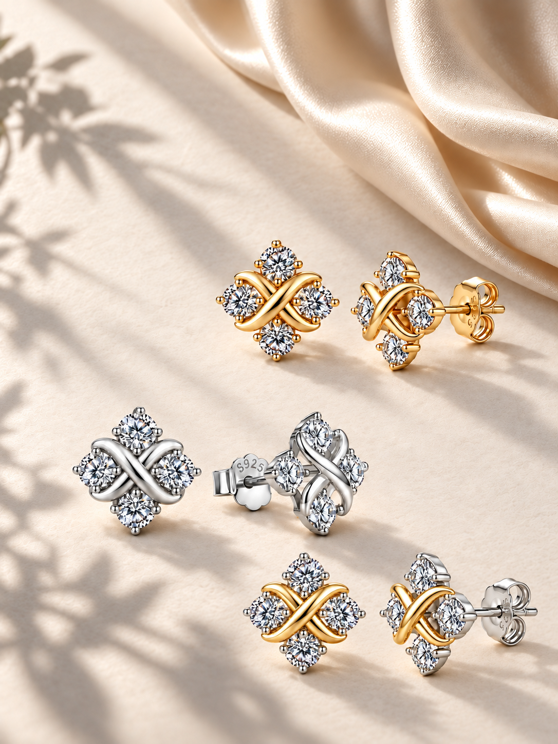 Cercei Aurii si Argintii Infinity Bloom cu Pietre Moissanite de 3 mm