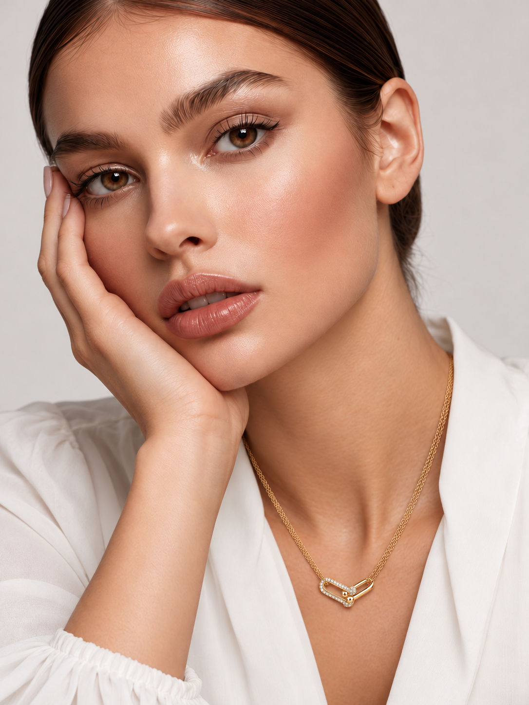 Colier din Argint Moissanite Gold Éclat Link pe model de aproape