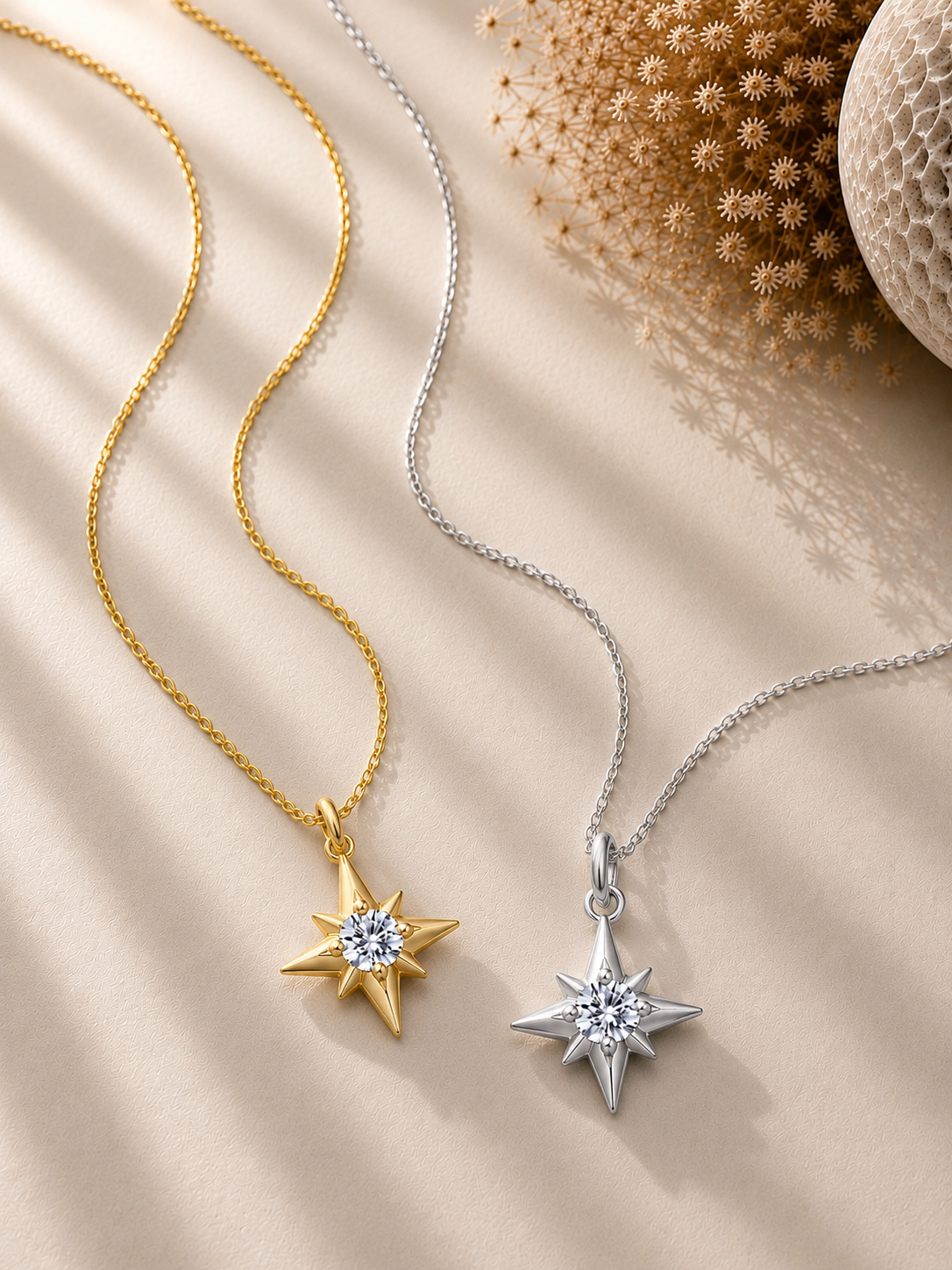 Colier stea din argint 925 aurit Gold Stellar North Star cu zirconiu central auriu si argintiu