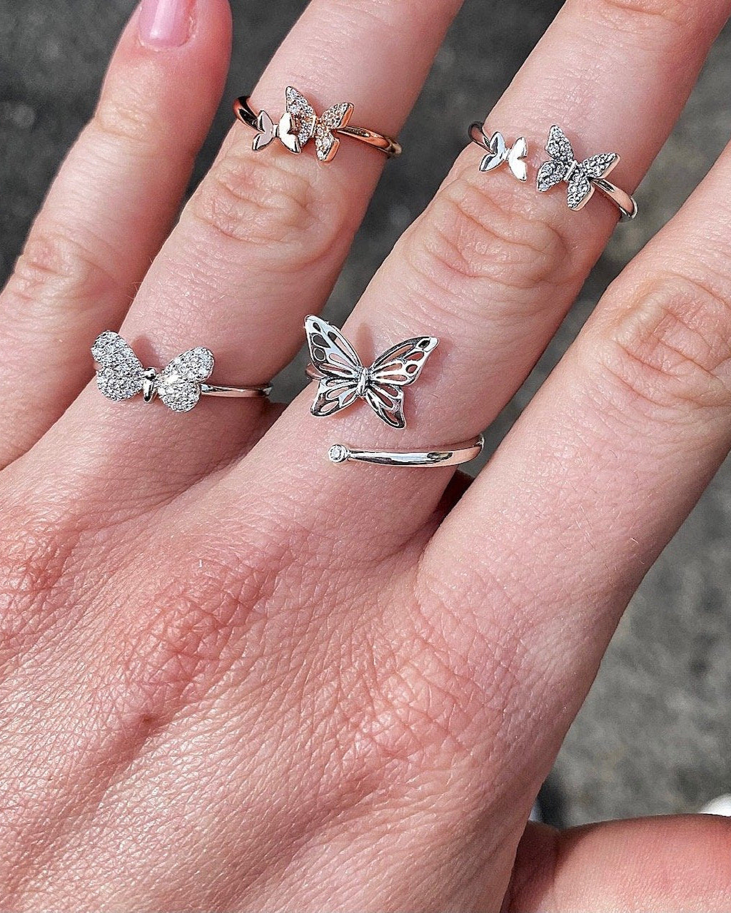 Inel din argint cu design dublu fluture zirconii