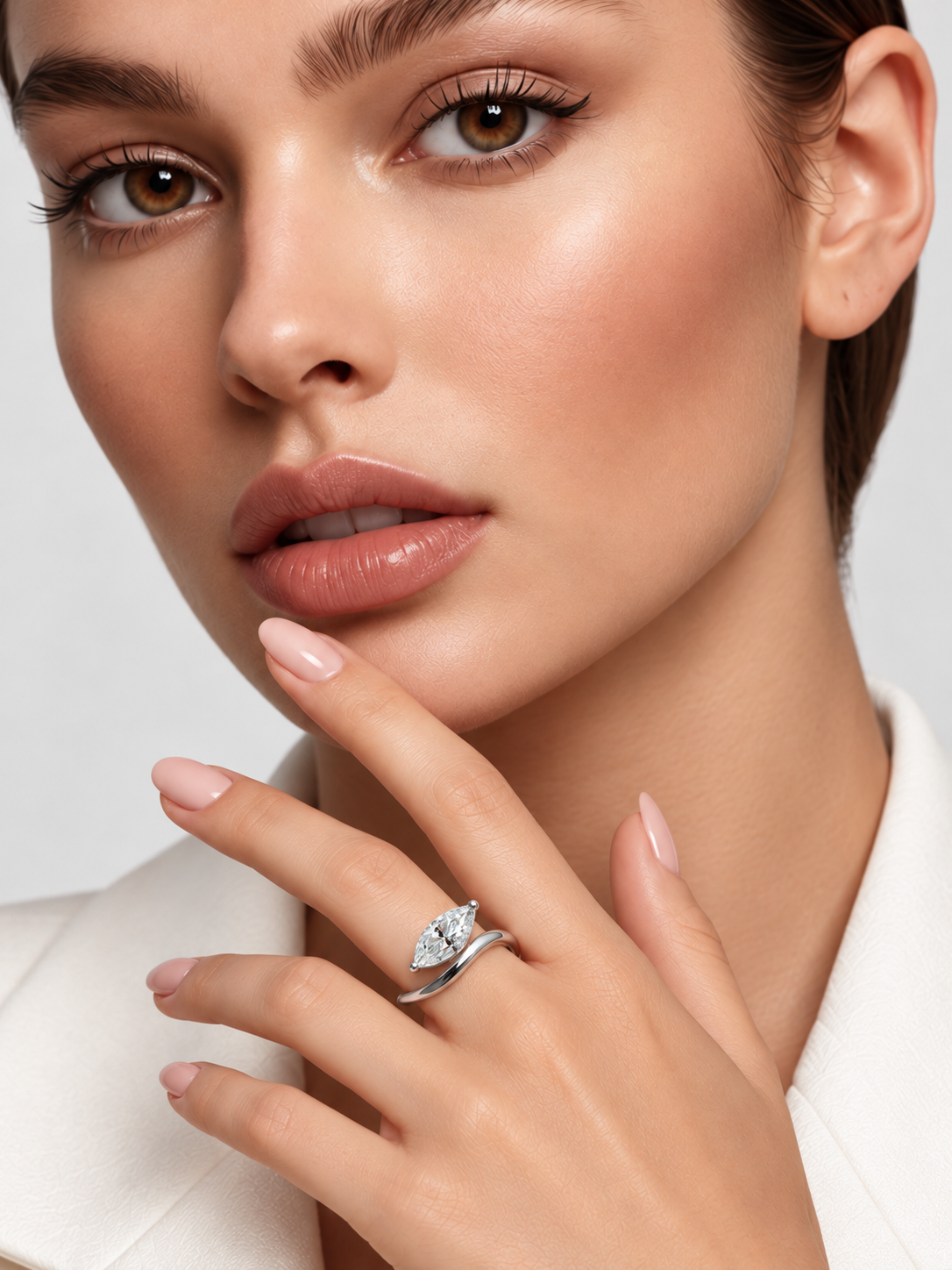 Inel din Argint Moissanite Silver Marquise Flow pe model de aproape