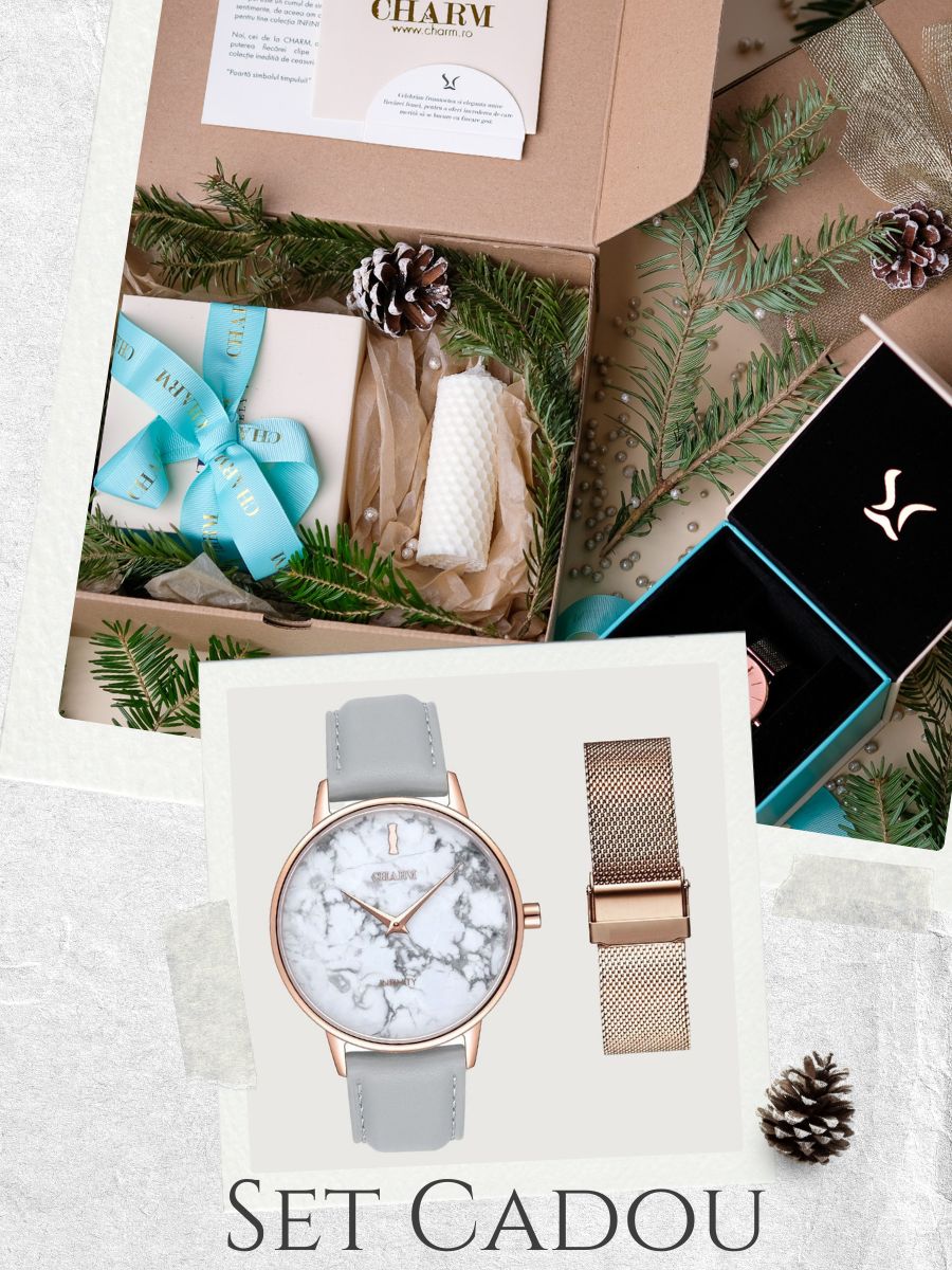 Set Cadou : Ceas Infinity Marble Theea Grey + Curea din otel inoxidabil Rose Gold