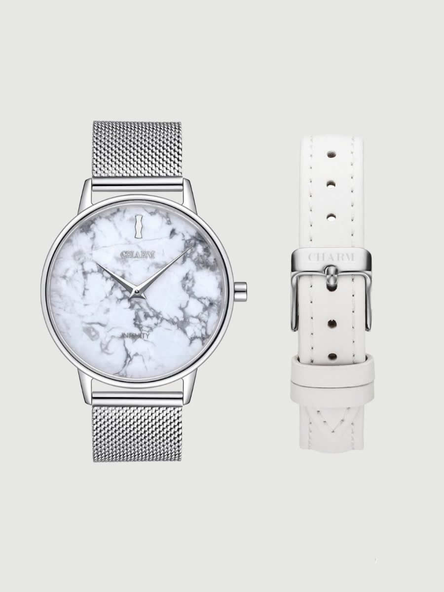 Set Cadou : Ceas Infinity Marble Freya + Curea din piele Alba