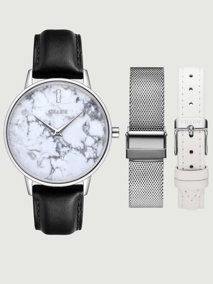 Set Cadou : Ceas Infinity Marble Freya Black + Curea din piele Alba + Curea din otel inoxidabil Rosegold