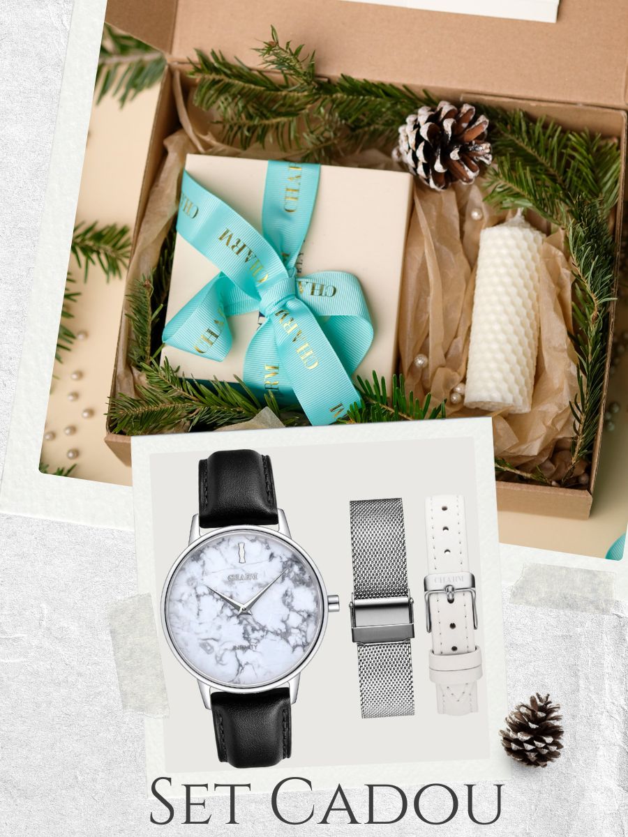 Set Cadou : Ceas Infinity Marble Freya Black + Curea din piele Alba + Curea din otel inoxidabil Rosegold