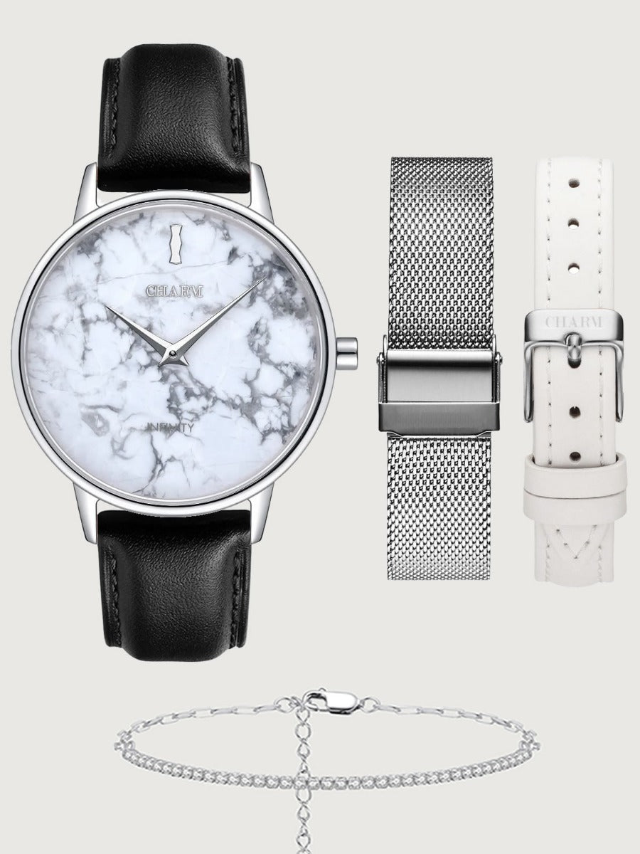 Set Cadou : Ceas Infinity Marble Freya Black + Curea din piele Alba + Curea din otel inoxidabil Rosegold