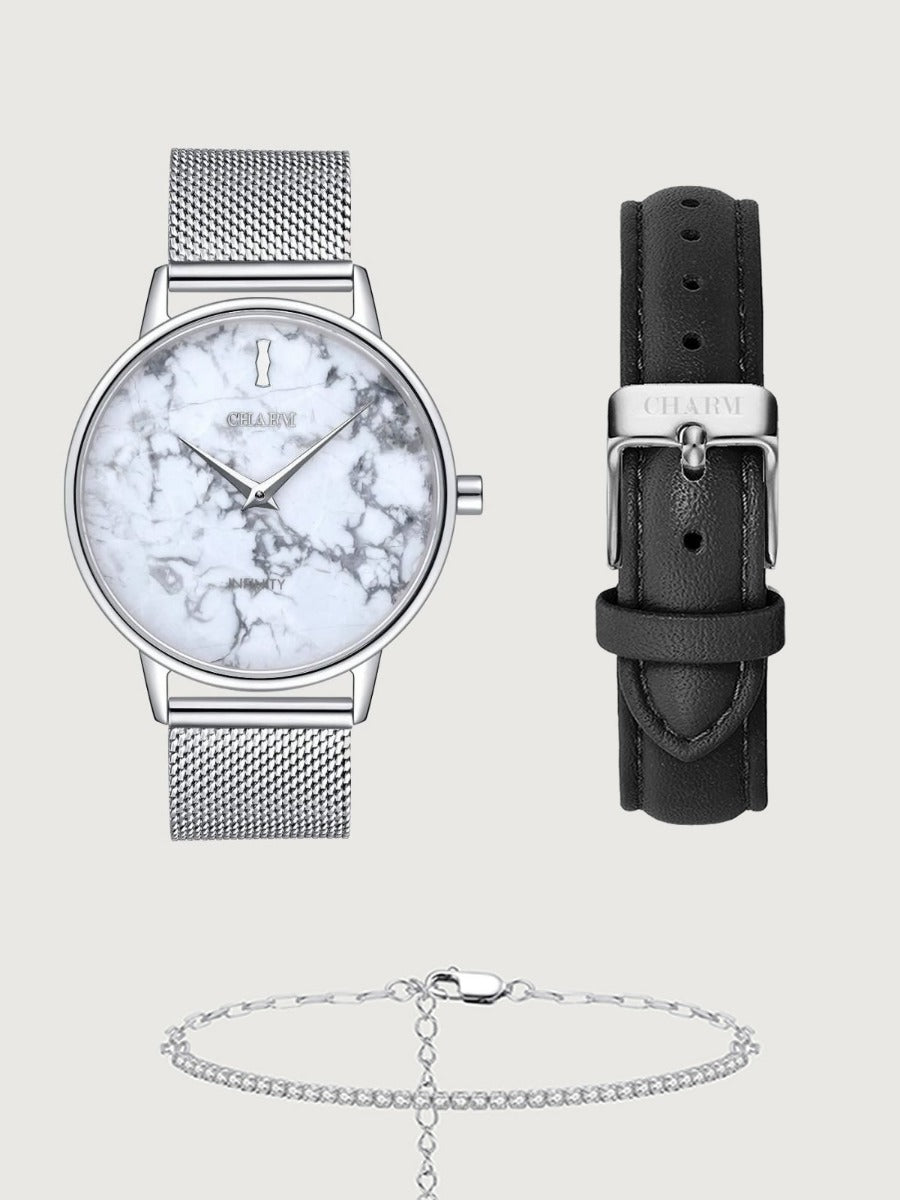 Set Cadou : Ceas Infinity Marble Freya + Curea din piele Neagra