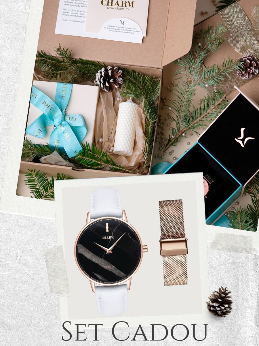 Set Cadou : Ceas Infinity Marble Florence White + Curea din otel inoxidabil Rose Gold
