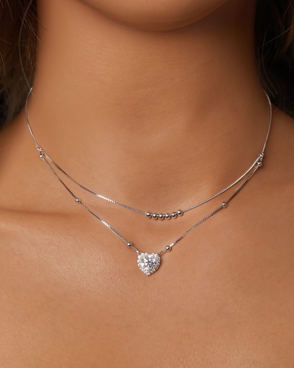 Pandantiv cu Lantisor din Argint Moissanite Dual Heart Harmony