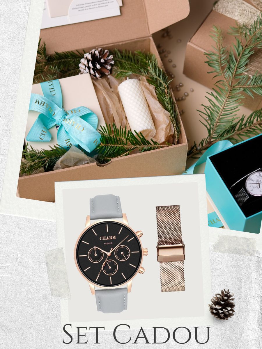 Set Cadou : Ceas Avenue Dorobanti Grey + Curea de metal Rose Gold