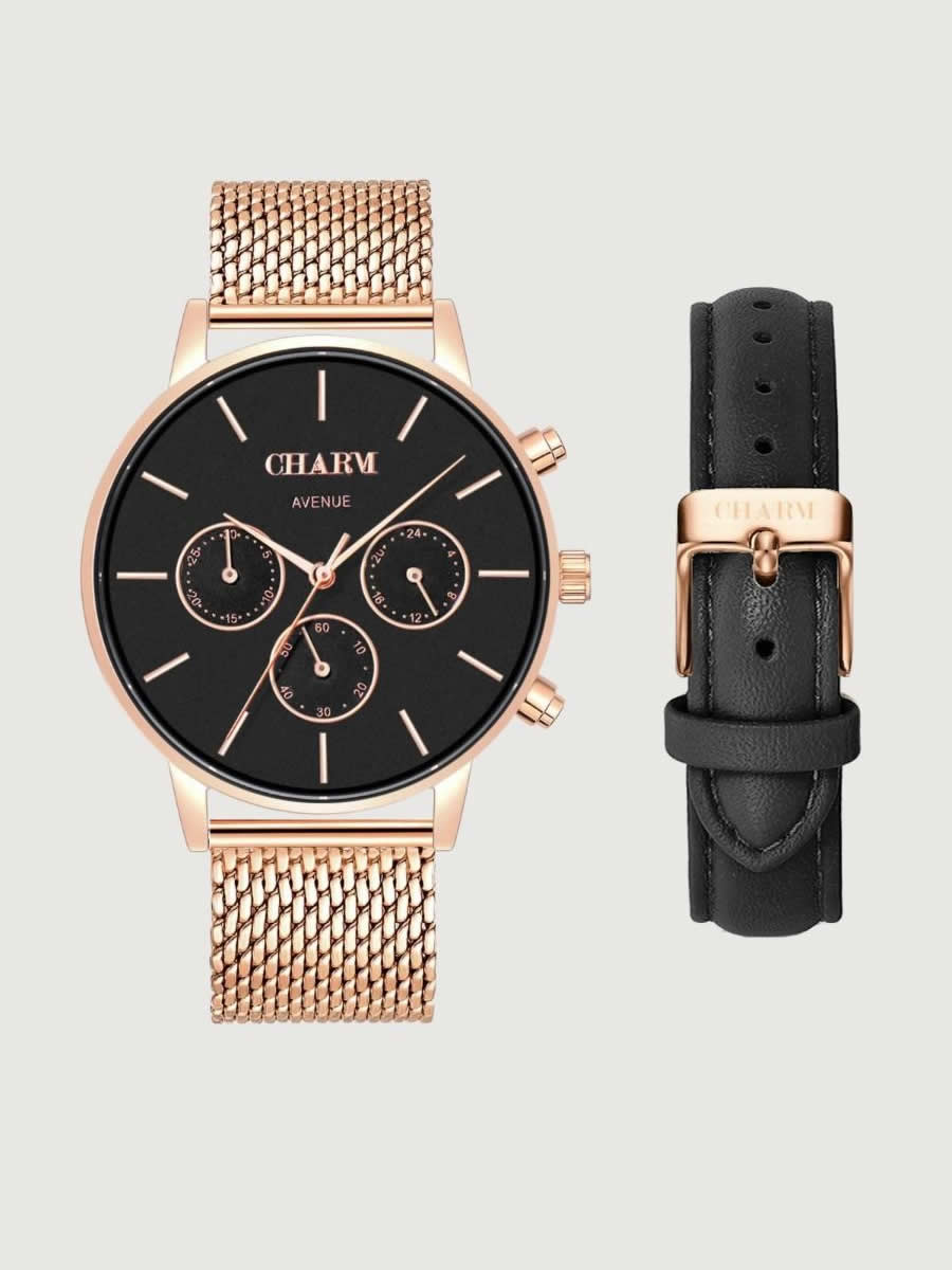 Set Cadou: Ceas Avenue Dorobanti Rose Gold + Curea de piele Neagra
