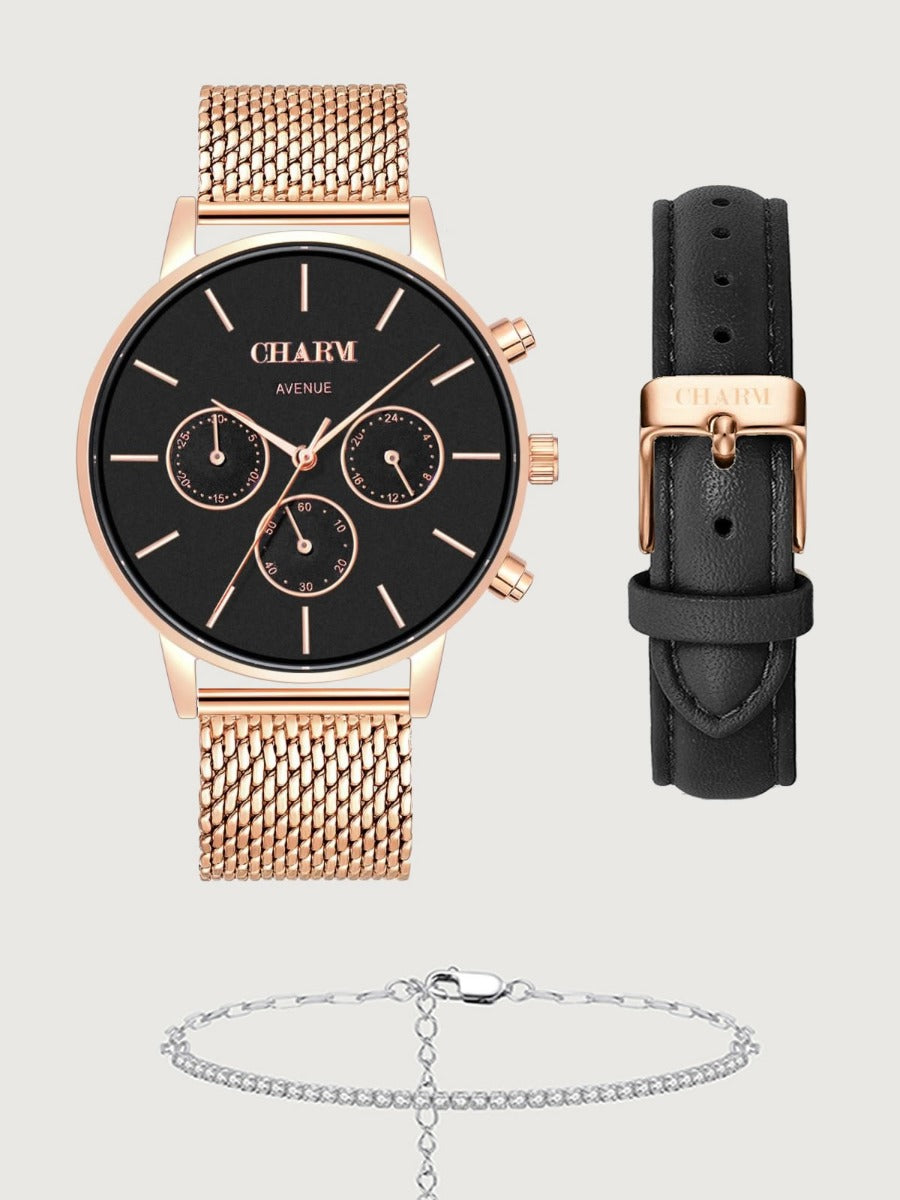 Set Cadou: Ceas Avenue Dorobanti Rose Gold + Curea de piele Neagra