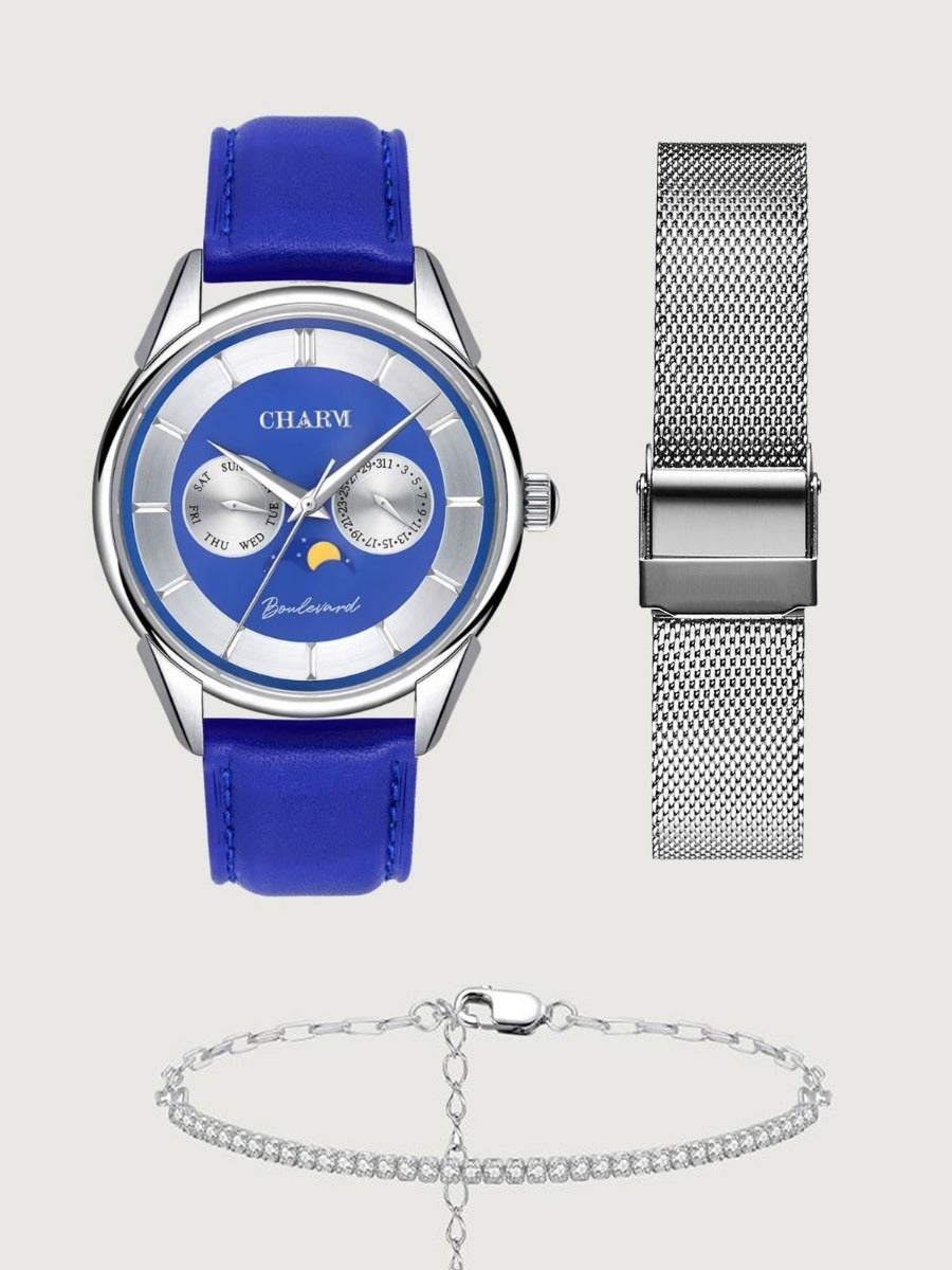 Set Unisex: Ceas Boulevard Aviatorilor Blue + Curea din otel inoxidabil Argintie