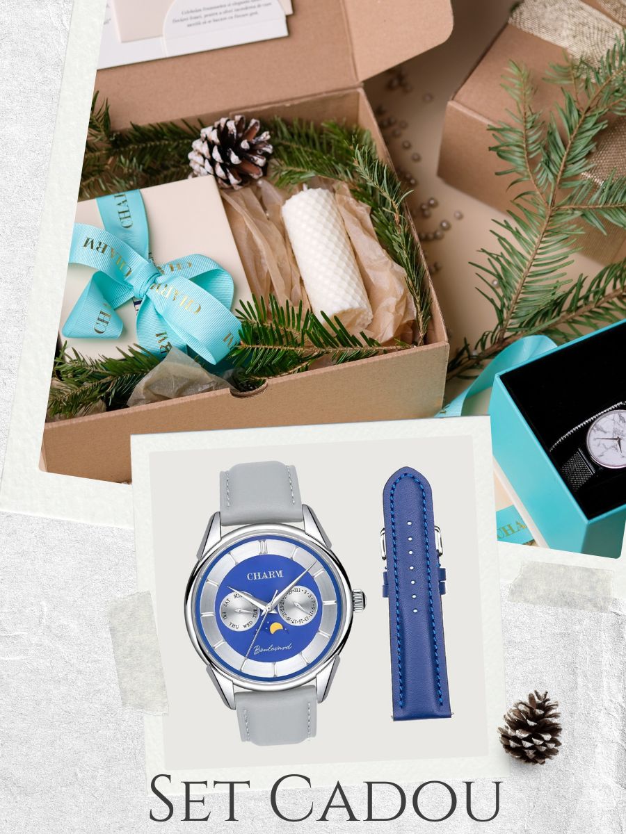 Set Unisex: Ceas Boulevard Aviatorilor Grey + Curea de piele Albastra