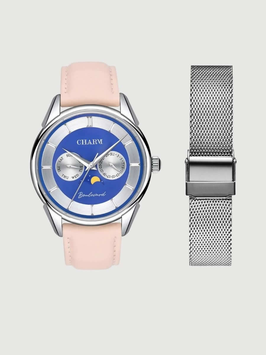 Set Unisex: Ceas Boulevard Aviatorilor Nude Rose + Curea din otel inoxidabil Argintie