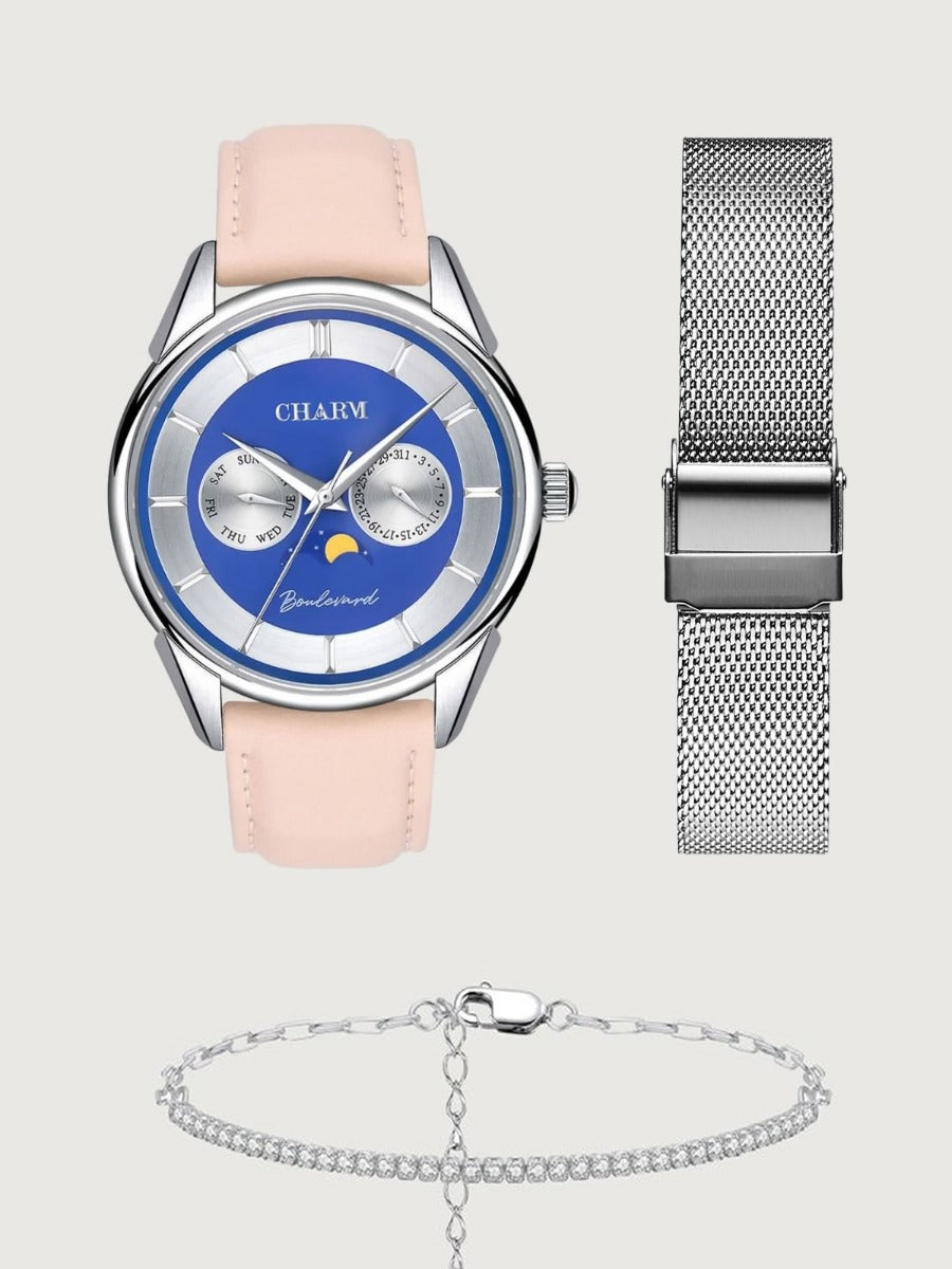 Set Unisex: Ceas Boulevard Aviatorilor Nude Rose + Curea din otel inoxidabil Argintie