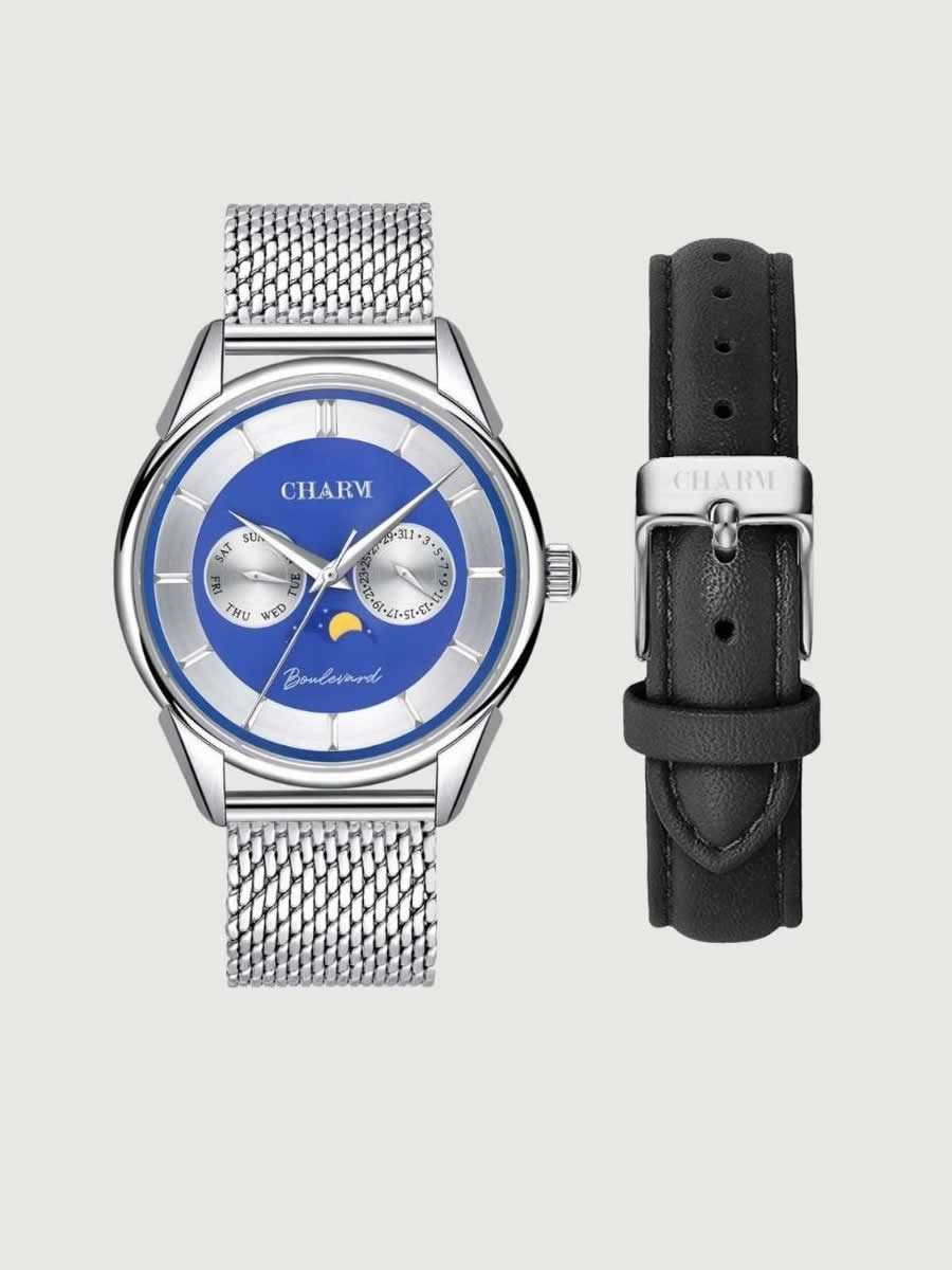 Set Unisex: Ceas Boulevard Aviatorilor Silver + Curea de piele Neagra