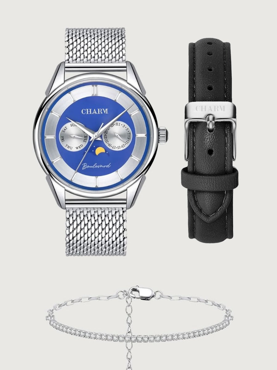 Set Unisex: Ceas Boulevard Aviatorilor Silver + Curea de piele Neagra