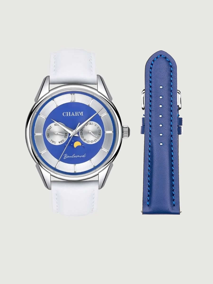 Set Unisex: Ceas Boulevard Aviatorilor White + Curea de piele Albastra