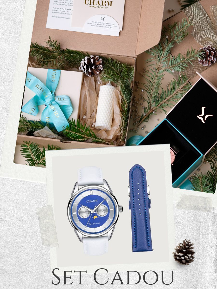 Set Unisex: Ceas Boulevard Aviatorilor White + Curea de piele Albastra