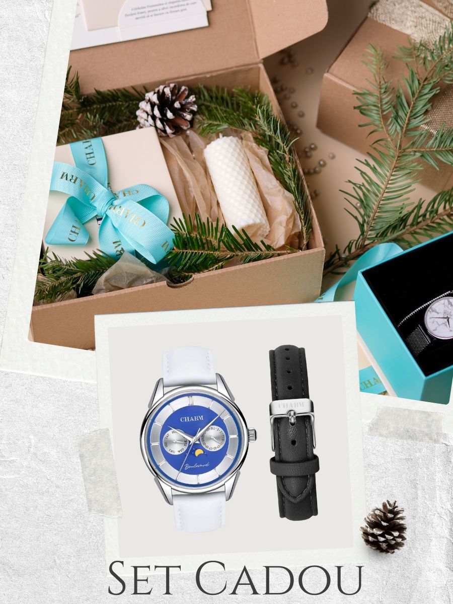 Set Unisex Cadou : Ceas Boulevard Aviatorilor White + Curea de piele Neagra