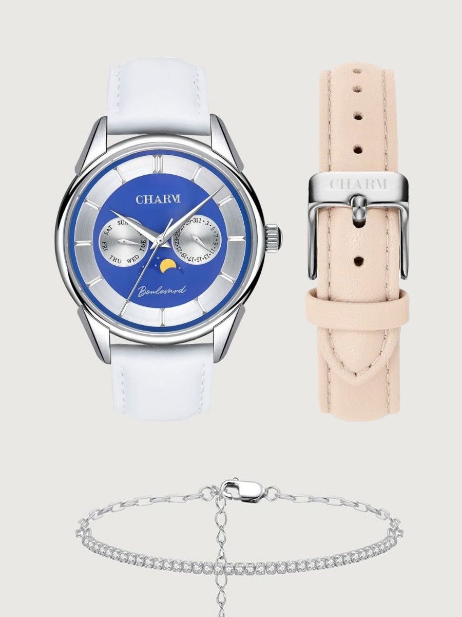 Set Unisex: Ceas Boulevard Aviatorilor White + Curea de piele Nuderose