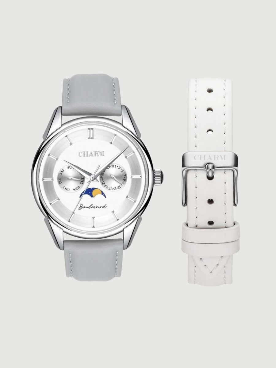 Set Unisex Cadou: Ceas Boulevard Kiseleff Grey + Curea de piele Alba