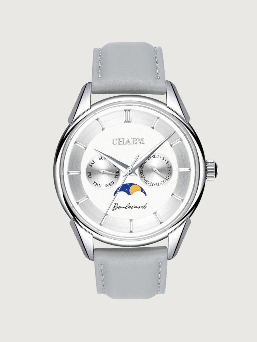 Set Unisex Cadou: Ceas Boulevard Kiseleff Grey + Curea de piele Alba