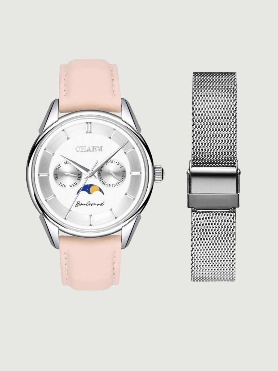 Set Unisex: Ceas Boulevard Kiseleff Nude Rose + Curea din otel inoxidabil Argintie
