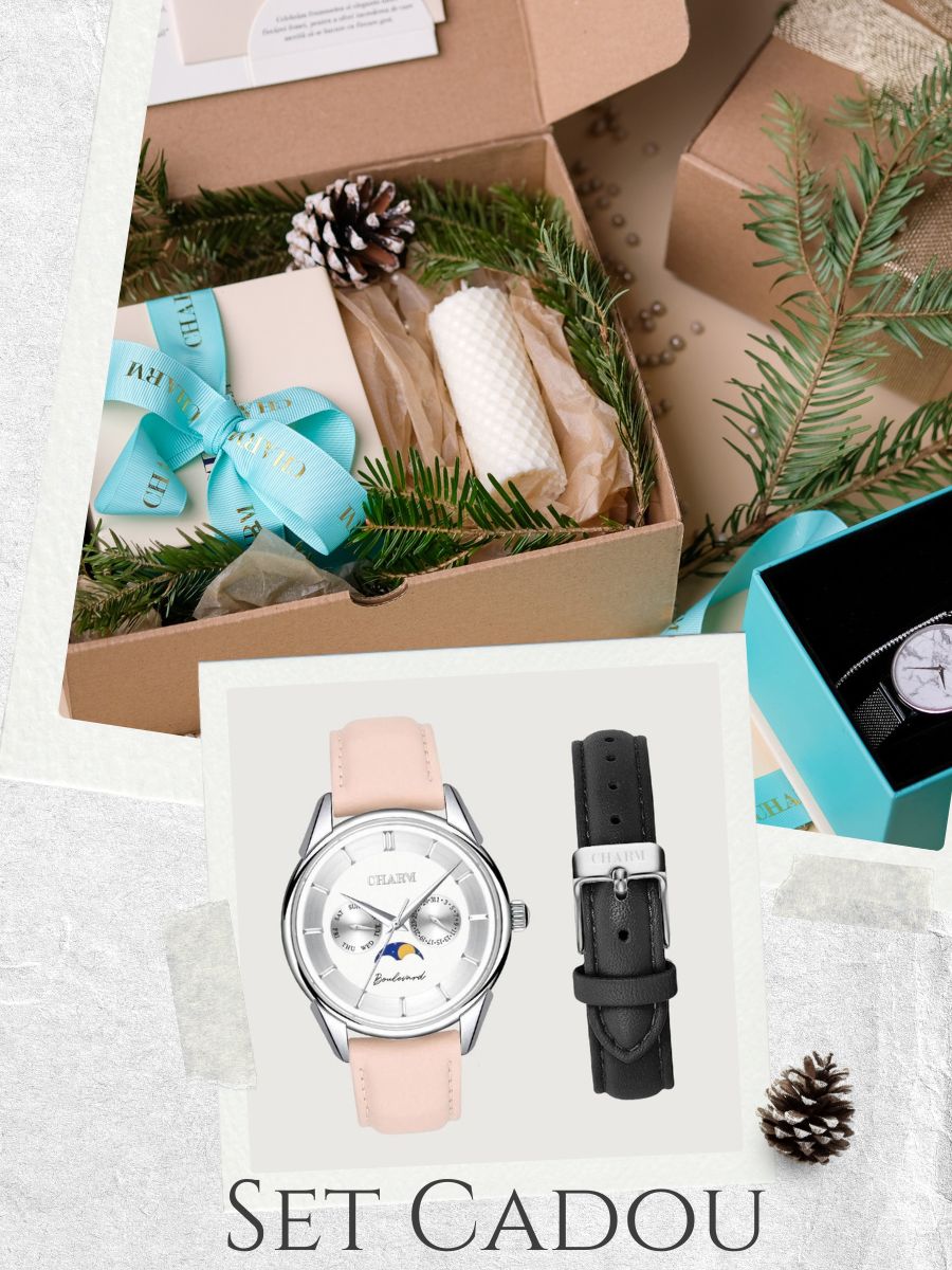 Set Unisex Cadou : Ceas Boulevard Kiseleff Nude Rose + Curea de piele Neagra