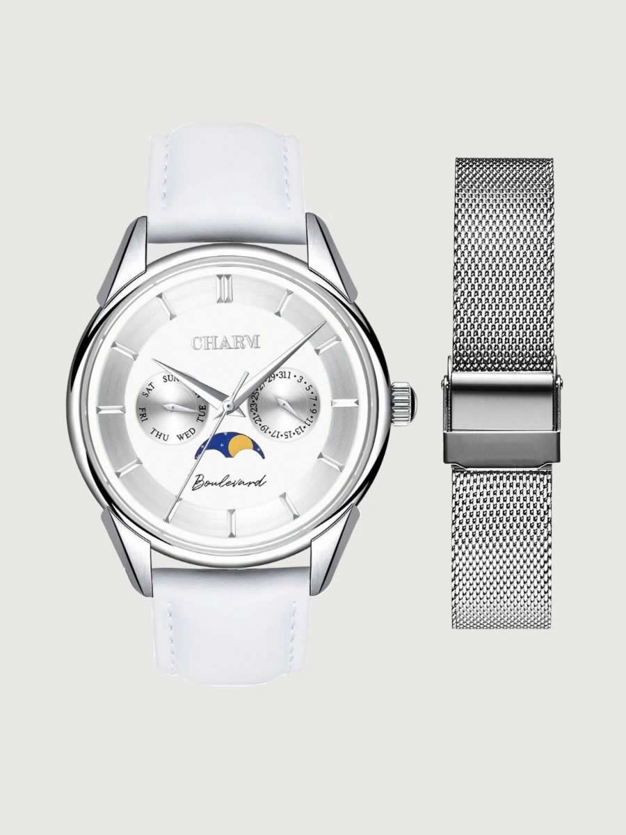 Set Unisex Cadou: Ceas Boulevard Kiseleff White + Curea din otel inoxidabil Argintie