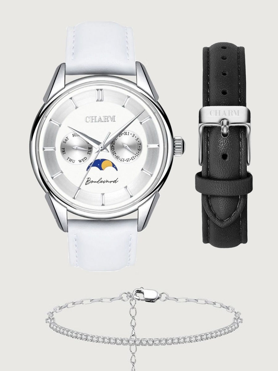 Set Unisex Cadou :  Ceas Boulevard Kiseleff White + Curea de piele Neagra