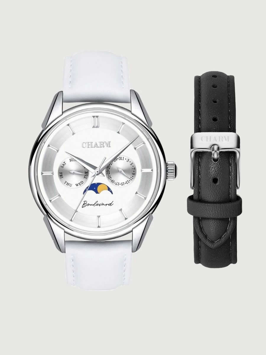 Set Unisex Cadou :  Ceas Boulevard Kiseleff White + Curea de piele Neagra