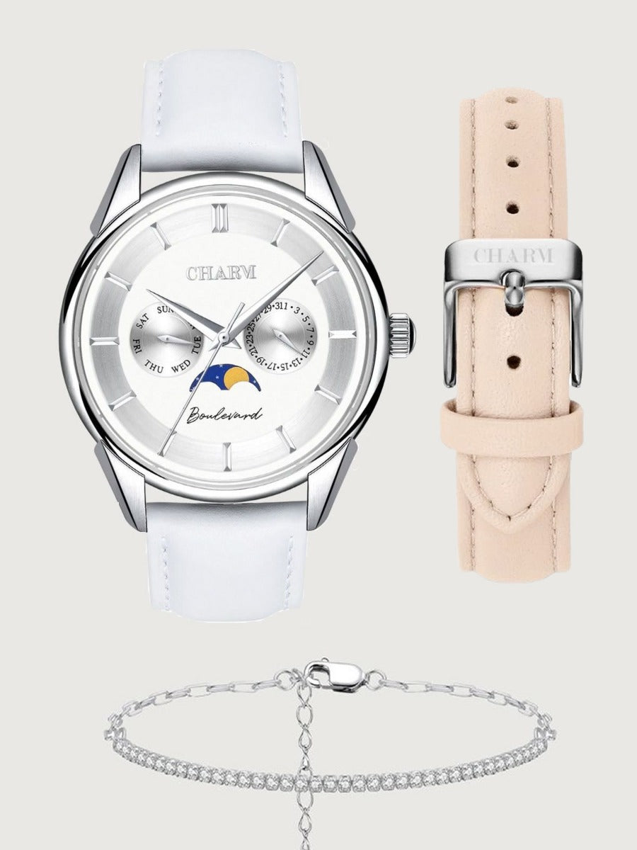 Set Unisex: Ceas Boulevard Kiseleff White + Curea de piele Nuderose