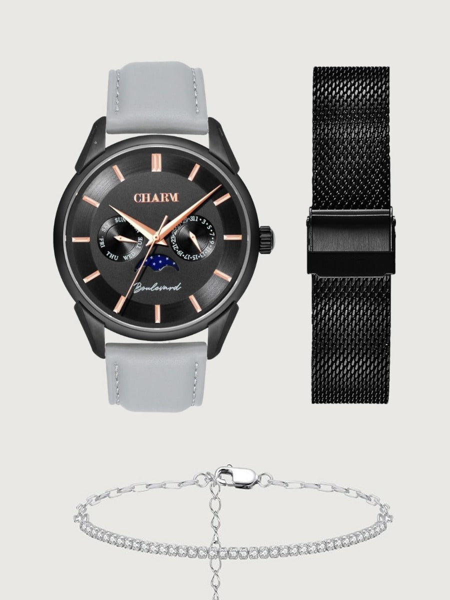 Set Unisex: Ceas Boulevard Decebal Grey + Curea din otel inoxidabil Neagra