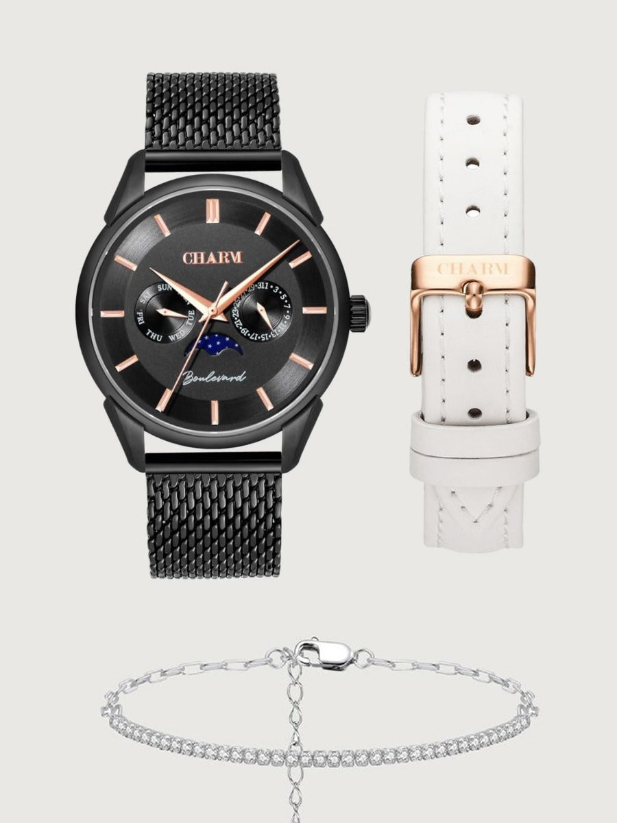 Set Unisex: Ceas Boulevard Decebal Metal Black + Curea de piele Alba