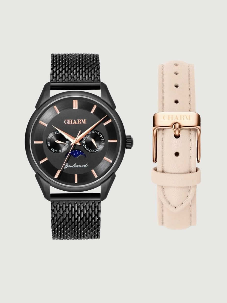 Set Unisex: Ceas Boulevard Decebal Metal Black + Curea de piele Nuderose
