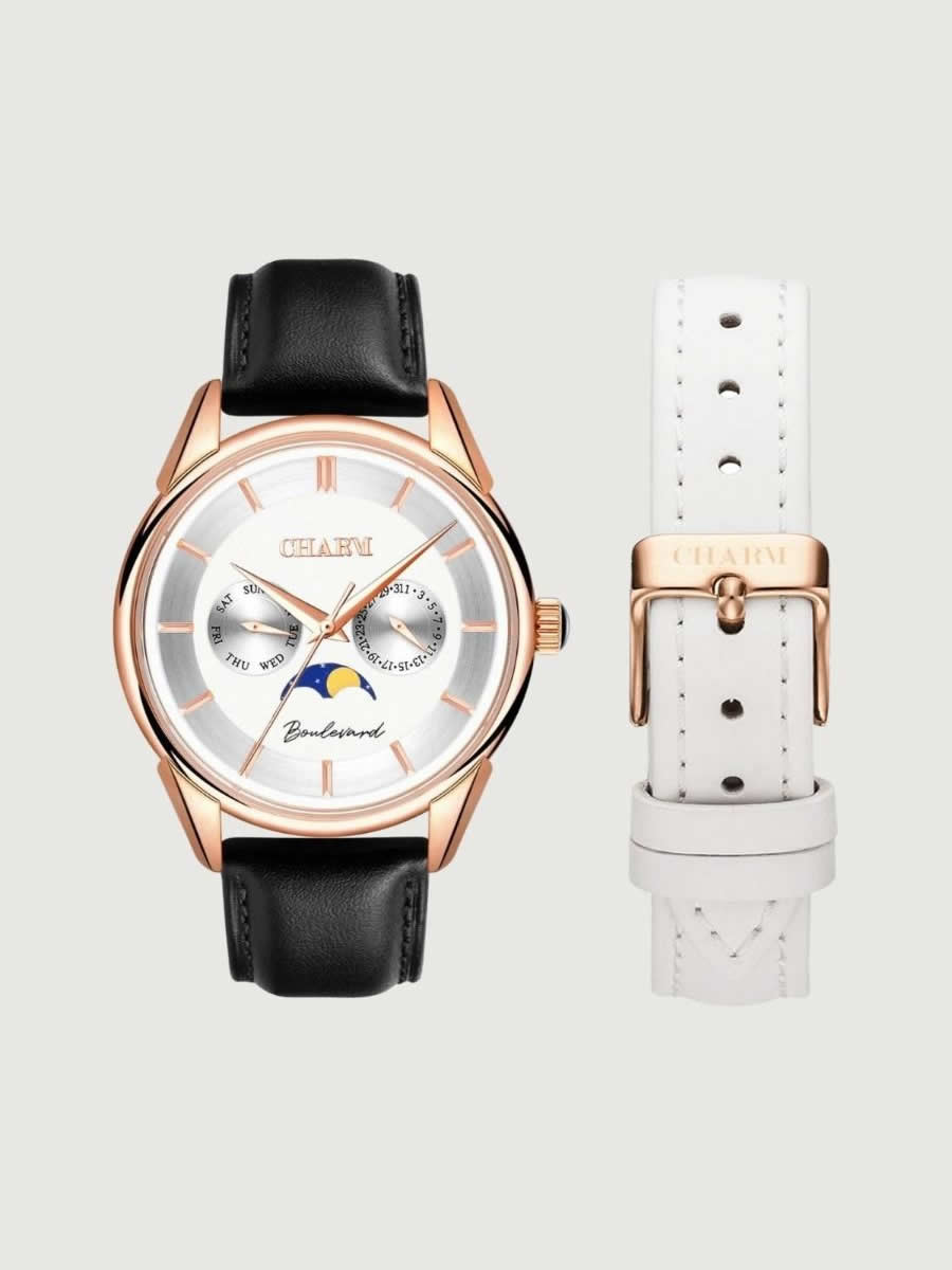 Set Unisex:  Ceas Boulevard Unirii Black + Curea de piele Alba