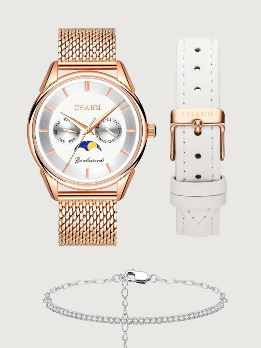 Set Unisex: Ceas Boulevard Unirii Rose Gold + Curea de piele Alba