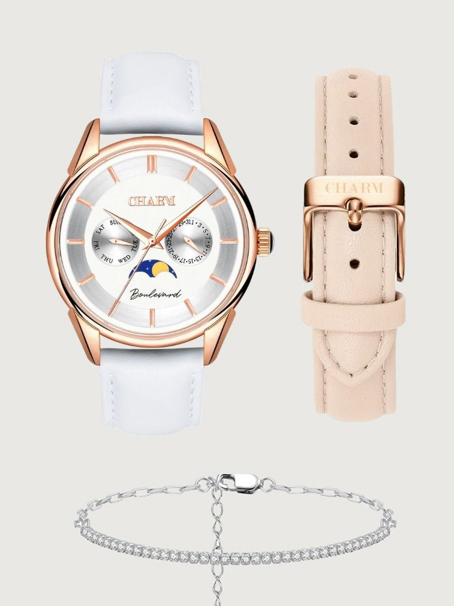 Set Unisex: Ceas Boulevard Unirii White + Curea de piele Nuderose
