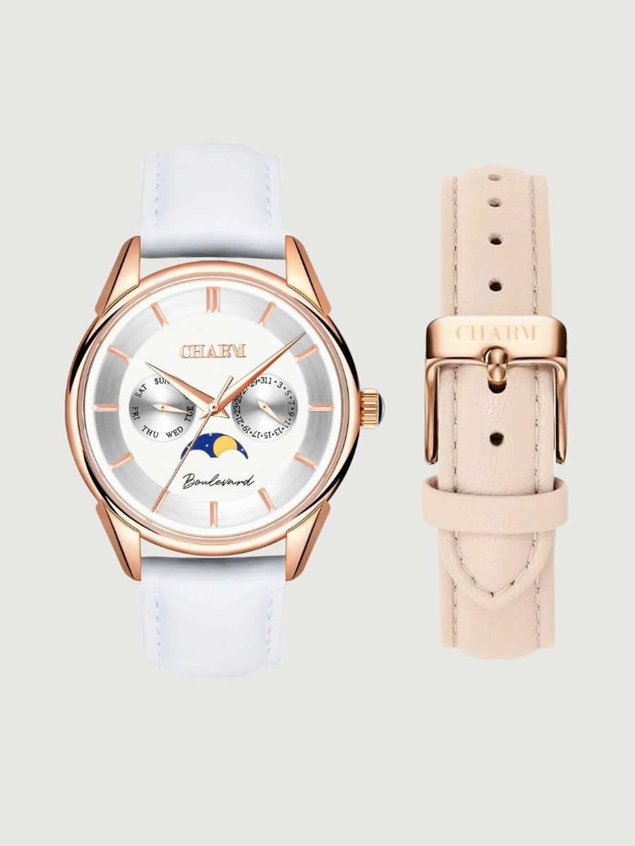 Set Unisex: Ceas Boulevard Unirii White + Curea de piele Nuderose